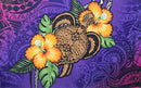 A flat-lay view of the Hibiscus, Plumeria Assortment Sarong (Style 7) featuring a vibrant Polynesian-inspired design. The pattern includes several large, bright pink hibiscus flowers with detailed petals and yellow-orange plumeria blossoms set against a background of lush green palm fronds. The top half of the design features a deep blue background with intricate, traditional Polynesian tribal motifs and tattoo-inspired geometric patterns.