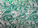 Beige & Green Hibiscus Plumeria Polynesian Tattoo Polyester Foil Fabric
