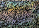 Black & Silver Hibiscus Plumeria Polynesian Tattoo Polyester Foil Fabric