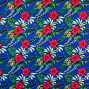 Blue colored Hibiscus Plumeria Tropical Leaves All Over Design Cotton Fabric