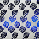 White/Royal All Over Monstera Leaf Design Polyester Foil Fabric