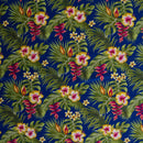 Navy colored Hibiscus Plumeria Split Banana Palm Leaves Fabric